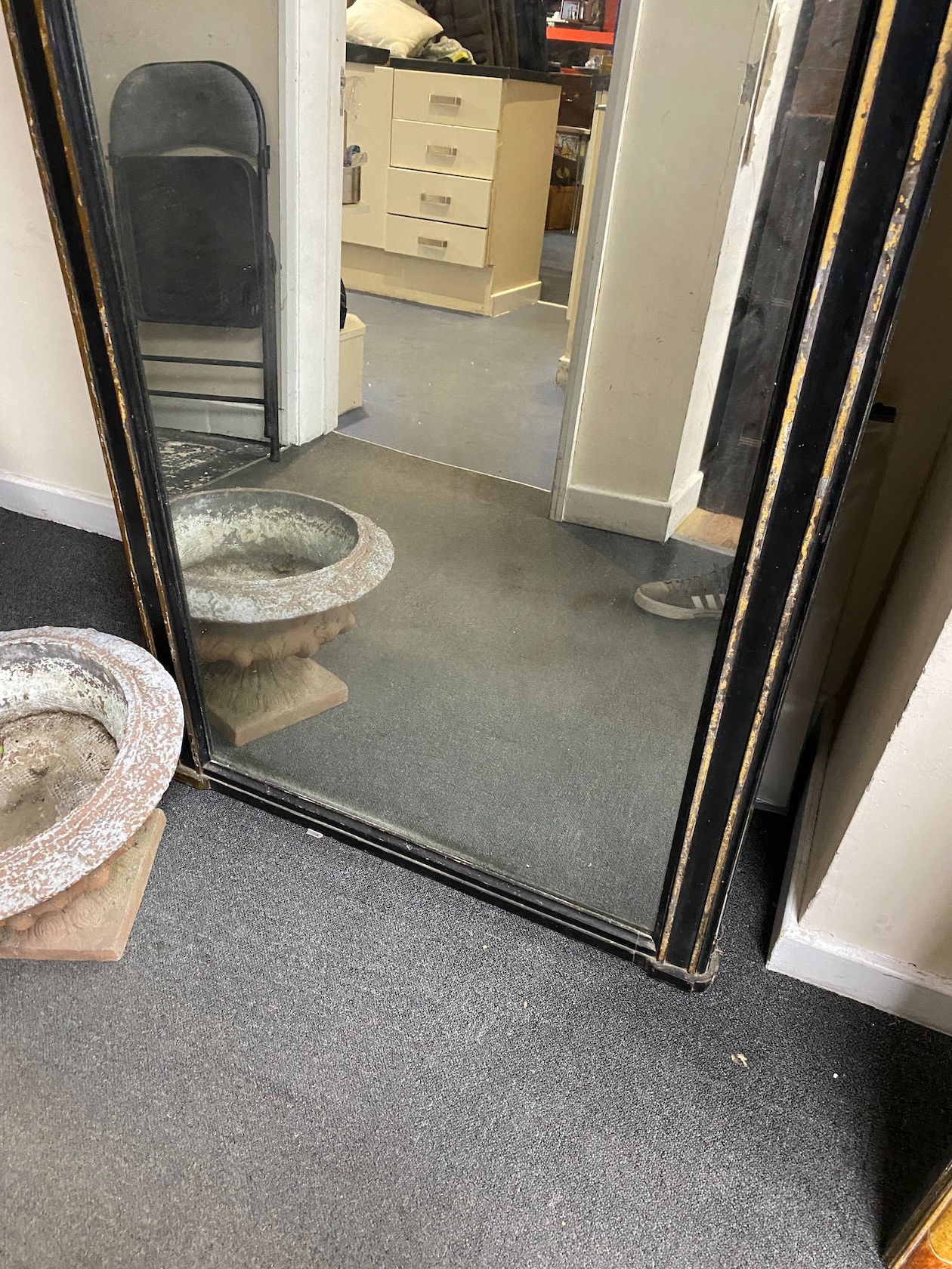 A late Victorian ebonised and gilt line painted robing mirror, width 79cm height 187cm.